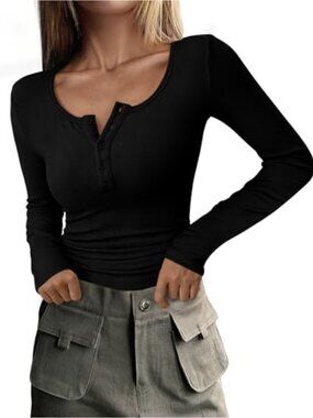 Women's Henley T-Shirt Long Sleeve Ribbed Knit Button Up Slim Fit Casual Top